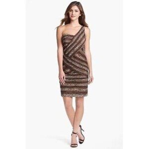 SUE WONG ANIMAL PRINT ONE-SHOULDER SHEATH DRESS cheetah print.  Size 8